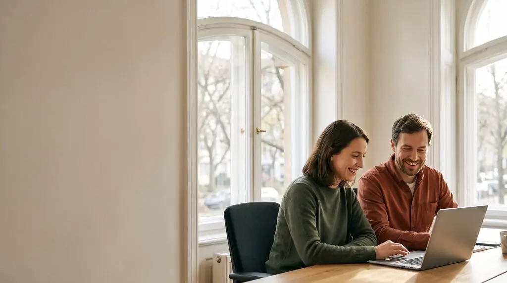 AI image: A woman and a man smile at a laptop at a desk in a bright room – agreeing and disagreeing politely.