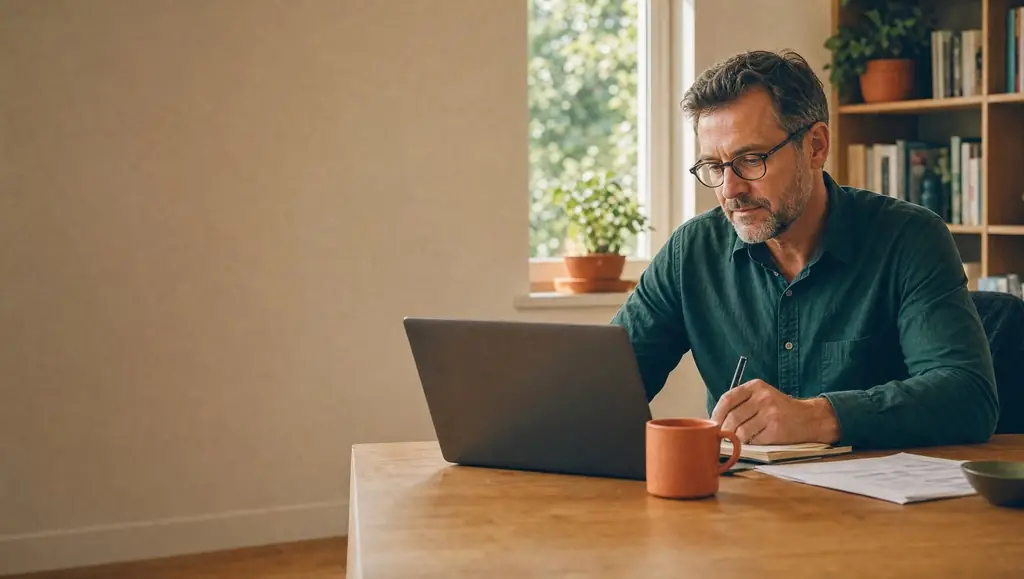 KI-Bild: Ein Mann mit Brille sitzt am Laptop und schreibt Notizen – E-Mails im Job.