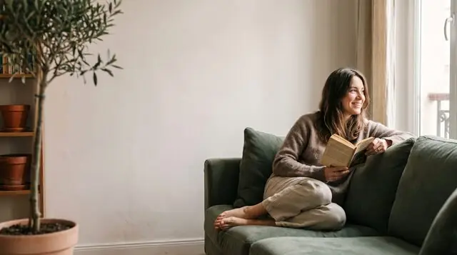 AI image: A smiling woman sits on a green sofa by the window with an open book – books and reading.