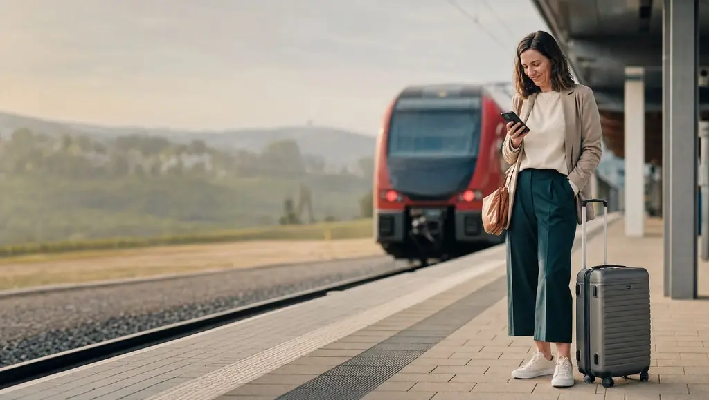 AI image: a woman with a suitcase and a phone waits for the train on the platform – a business trip.