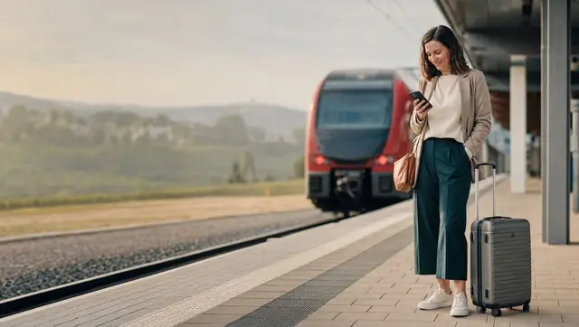 AI image: a woman with a suitcase and a phone waits for the train on the platform – a business trip.