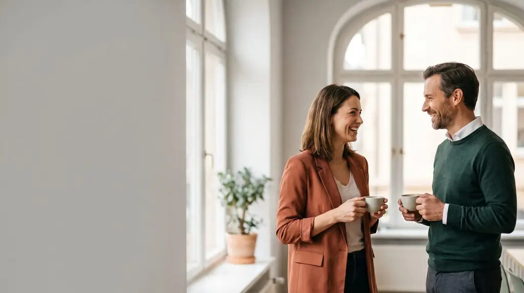 AI image: A woman and a man talk and smile while holding coffee cups by a window – clothes and fashion.