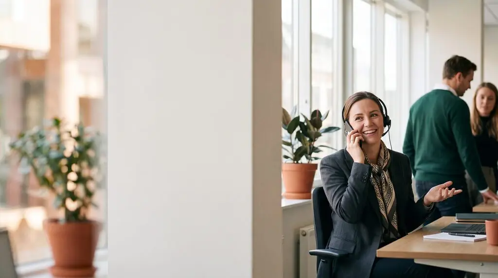 KI-Bild: Eine lächelnde Frau mit Headset telefoniert mit einem Smartphone an einem Schreibtisch im Büro – Kundenservice am Telefon.