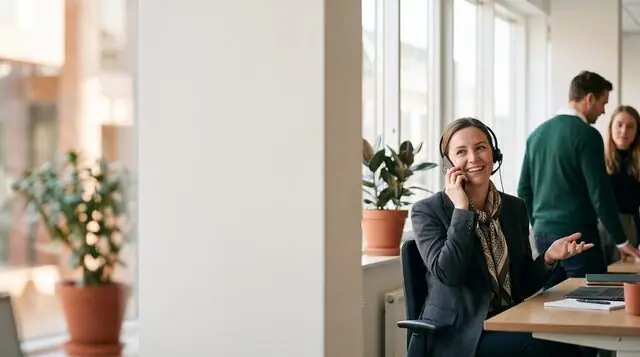 KI-Bild: Eine lächelnde Frau mit Headset telefoniert mit einem Smartphone an einem Schreibtisch im Büro – Kundenservice am Telefon.