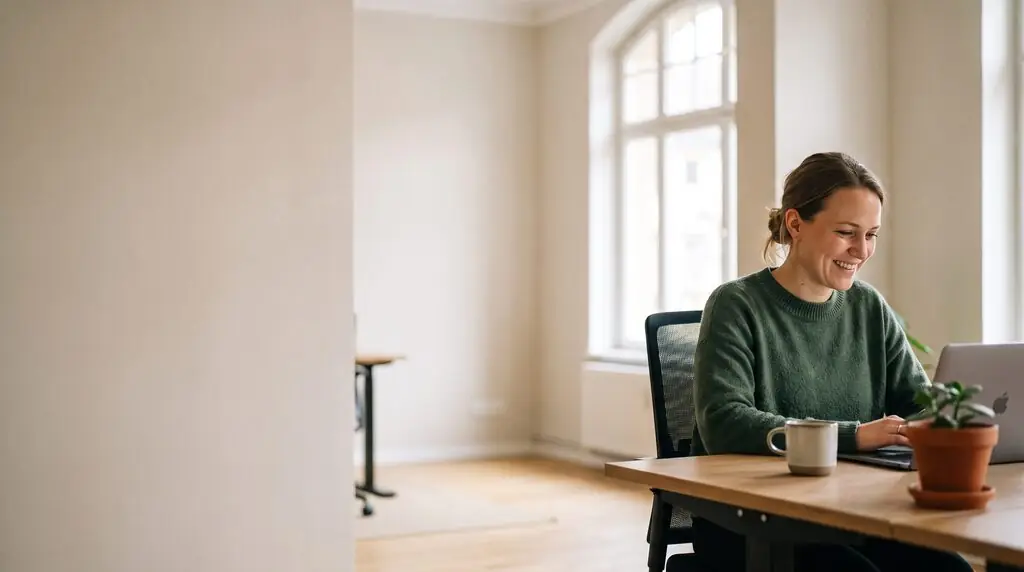 AI image: A smiling woman works on a laptop at a desk in a bright office – dream jobs and no-gos.
