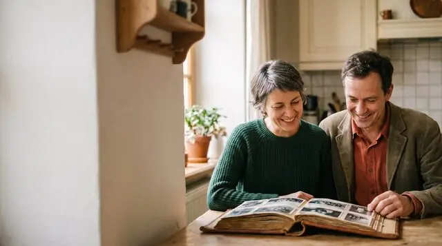 AI image: A man and a woman are looking at a photo album at a table in a kitchen – family.