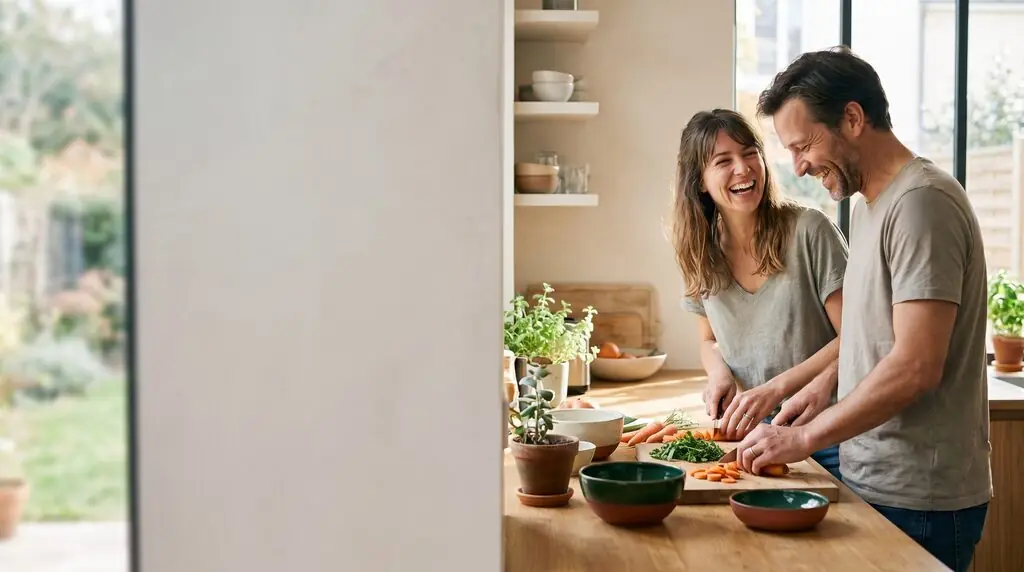 AI image: Laughing couple cutting carrots on a chopping board in a kitchen – favourite food and cooking.