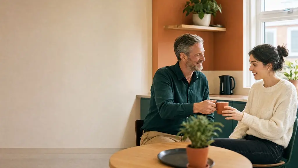 KI-Bild: Ein Kollege reicht einer neuen Kollegin in der Büroküche einen Kaffee – der erste Arbeitstag.