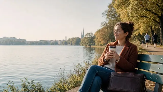 AI image: a woman sits on a bench by a lake with a coffee – a day off thanks to the four-day week.