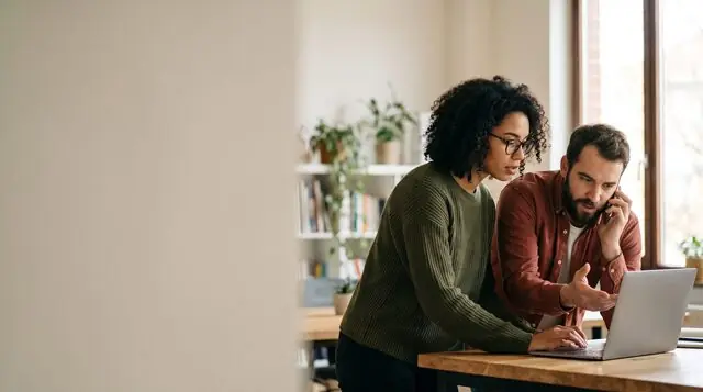 KI-Bild: Eine Frau und ein Mann mit Handy arbeiten an einem Laptop im Büro – den Umgang mit Reklamationen.