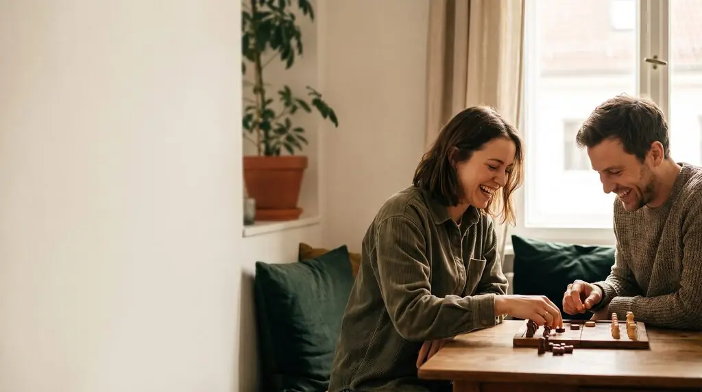 AI image: A man and a woman play chess at a wooden table indoors – hobbies.