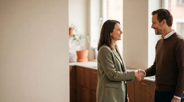 AI image: A man and a woman are smiling and shaking hands in an office – introducing yourself at work.
