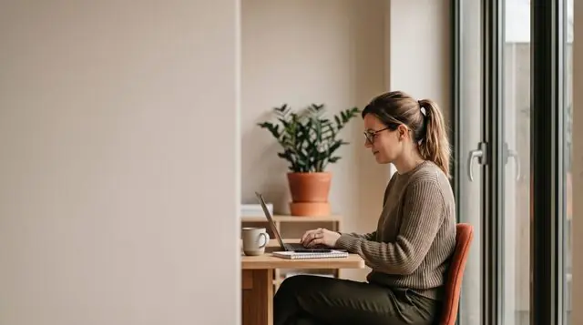 AI image: A woman works on a laptop at a desk by the window – the working day.