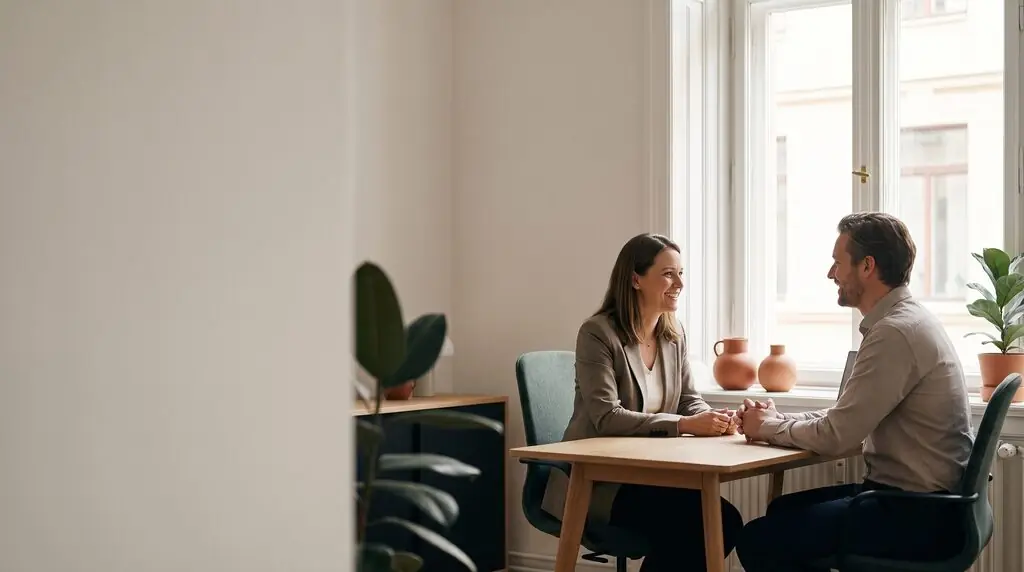 AI image: A man and a woman sit at a table in an office – job interviews.