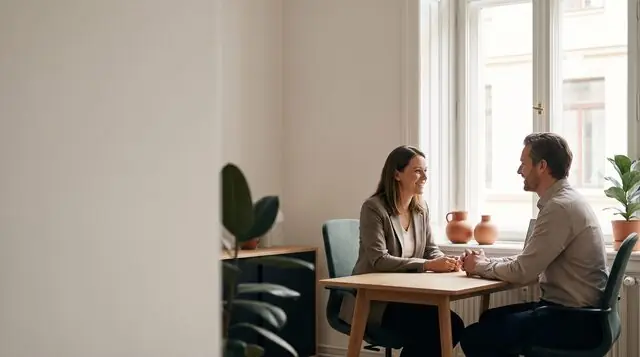 AI image: A man and a woman sit at a table in an office – job interviews.