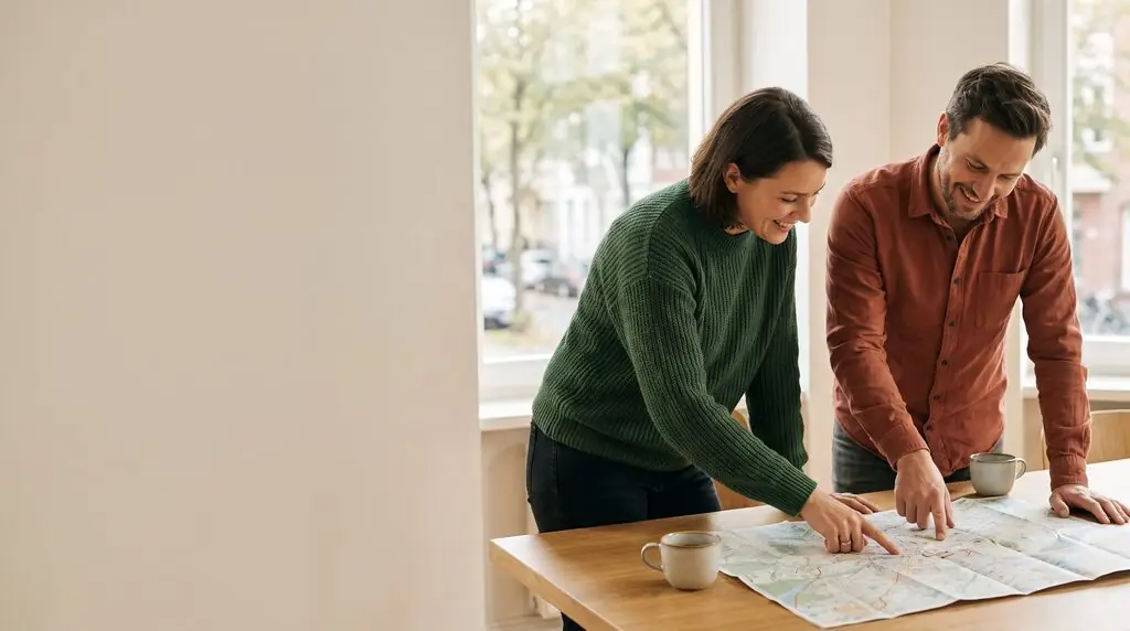 AI image: A woman and a man look at a map on a table – living and working abroad.