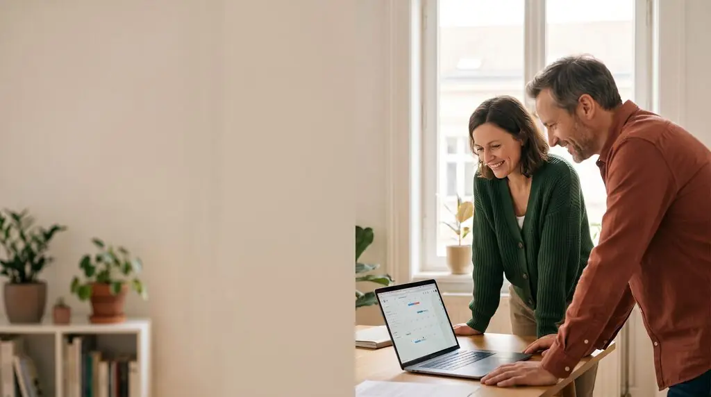 AI image: A man and a woman look at a laptop on a table – making appointments.