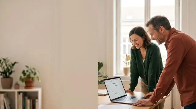 AI image: A man and a woman look at a laptop on a table – making appointments.