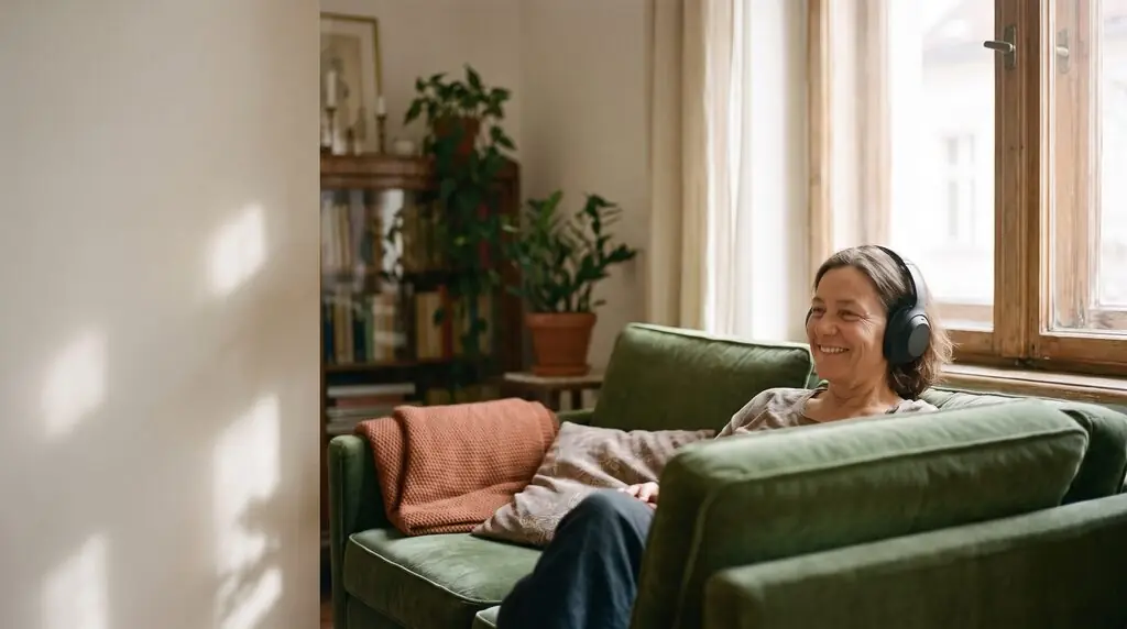 AI image: A smiling woman wearing headphones sits on a green armchair in a room – music.