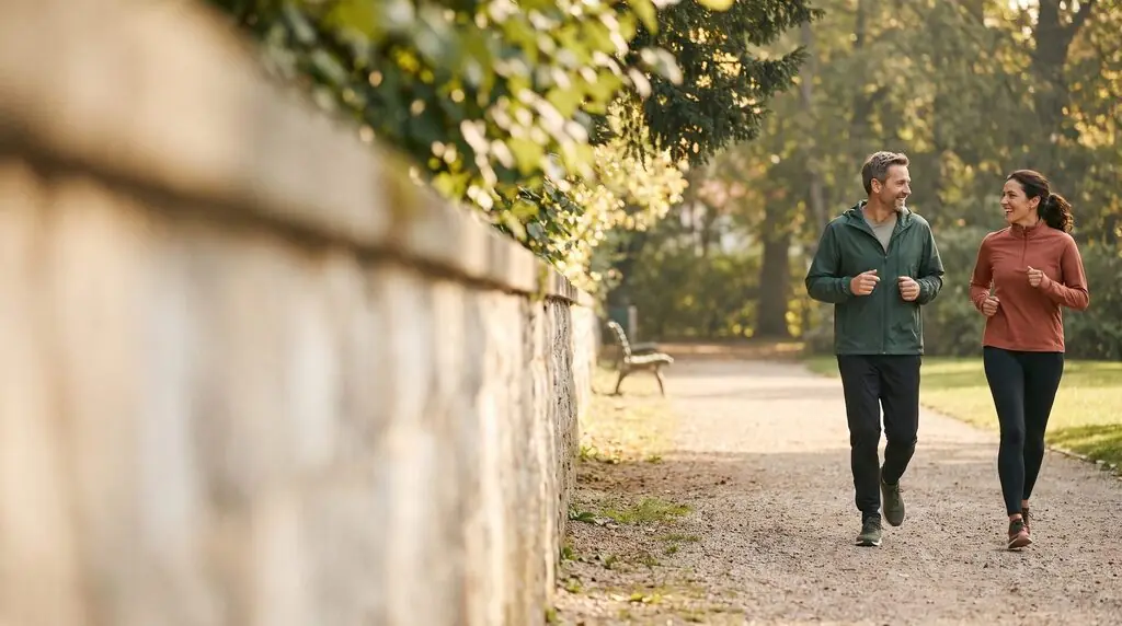 AI image: A man and a woman jog smiling along a park path – sports and fitness.