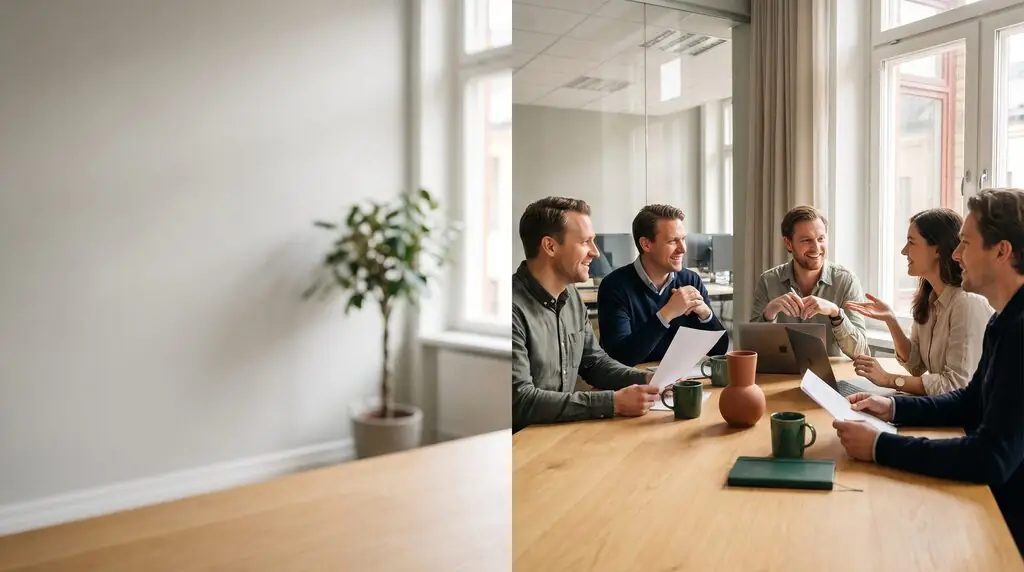 KI-Bild: Fünf Personen sitzen und sprechen an einem Holztisch in einem hellen Büro – ein kurzes Status-Update.
