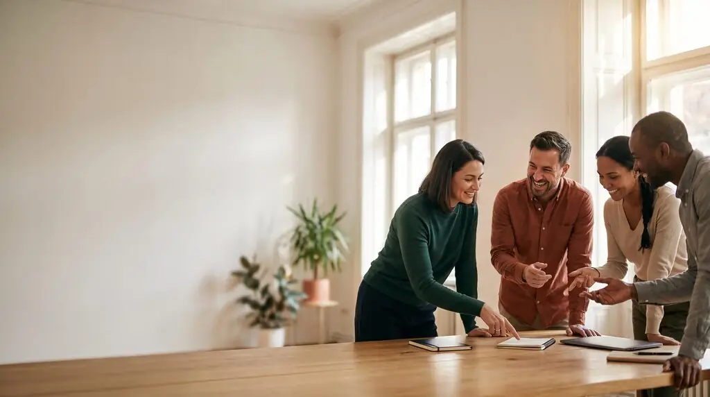 AI image: Four people stand around a wooden table in a bright room and look at a notebook – speaking up in meetings.
