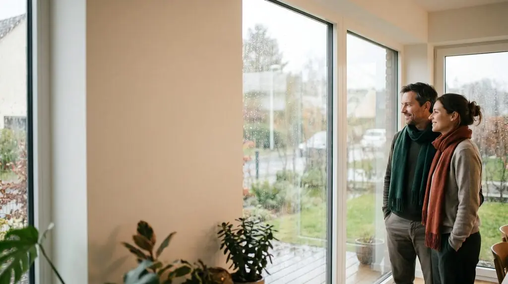 KI-Bild: Ein Mann und eine Frau in warmer Kleidung stehen drinnen und schauen aus einem regnerischen Fenster – das Wetter und die Jahreszeiten.