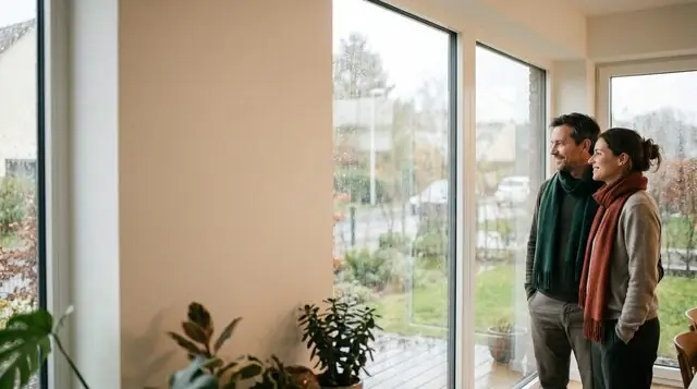 AI image: A man and a woman in warm clothing stand indoors and look out of a rainy window – the weather and the seasons.