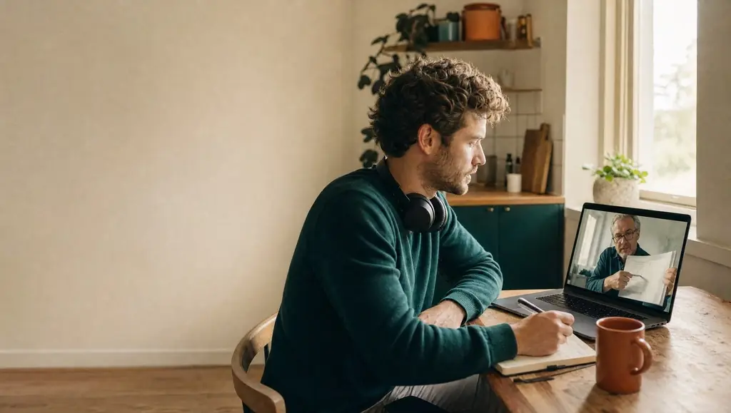 AI image: a man with headphones works from home and talks on a video call on his laptop.