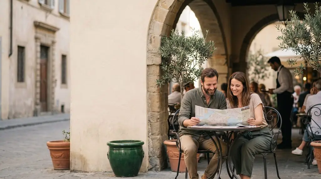 AI image: Two people look at a map at an outdoor cafe – your last holiday.